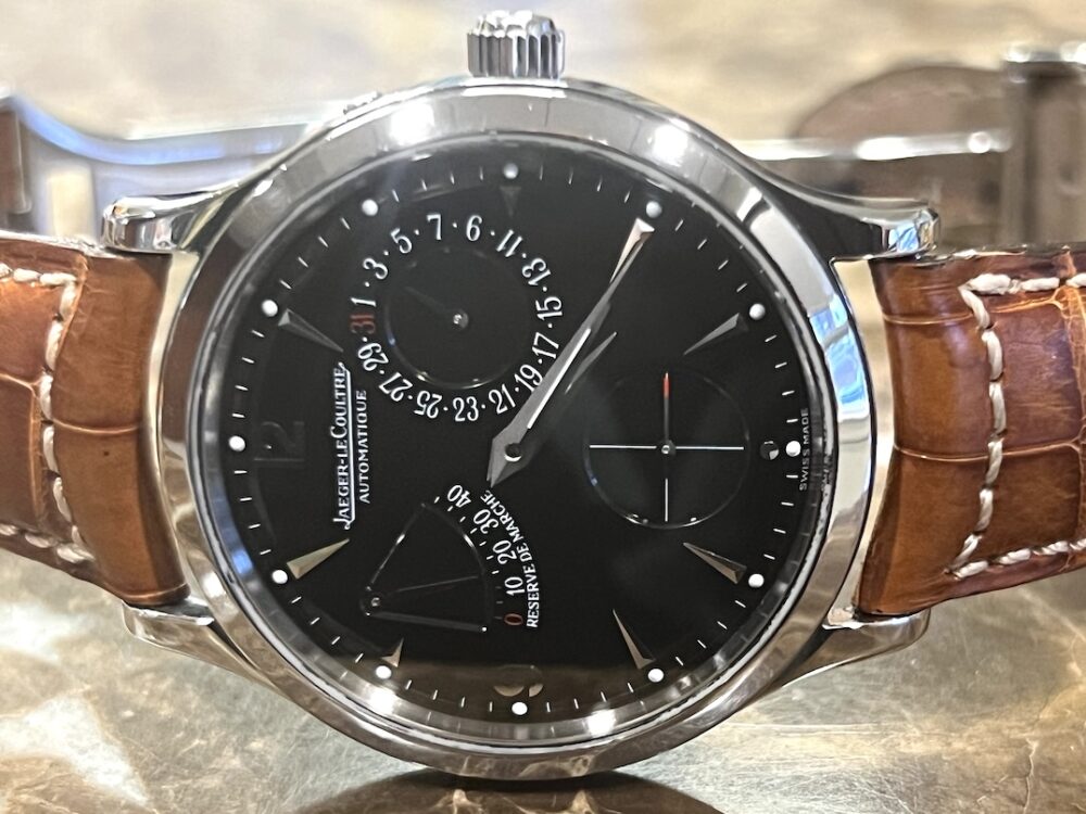 Jaeger LeCoultre Reserve De Marche Power Reserve Automatic Indicator 37mm with Black Dial 142.8.93.S with JLC Box and Papers