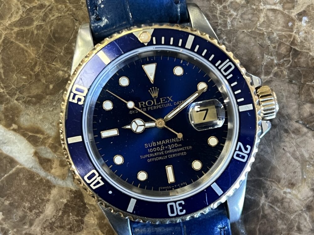 Rolex Submariner 18k Gold / Steel 40mm Automatic with Blue Dial Blue Bezel 16613 Well Worn Blusey