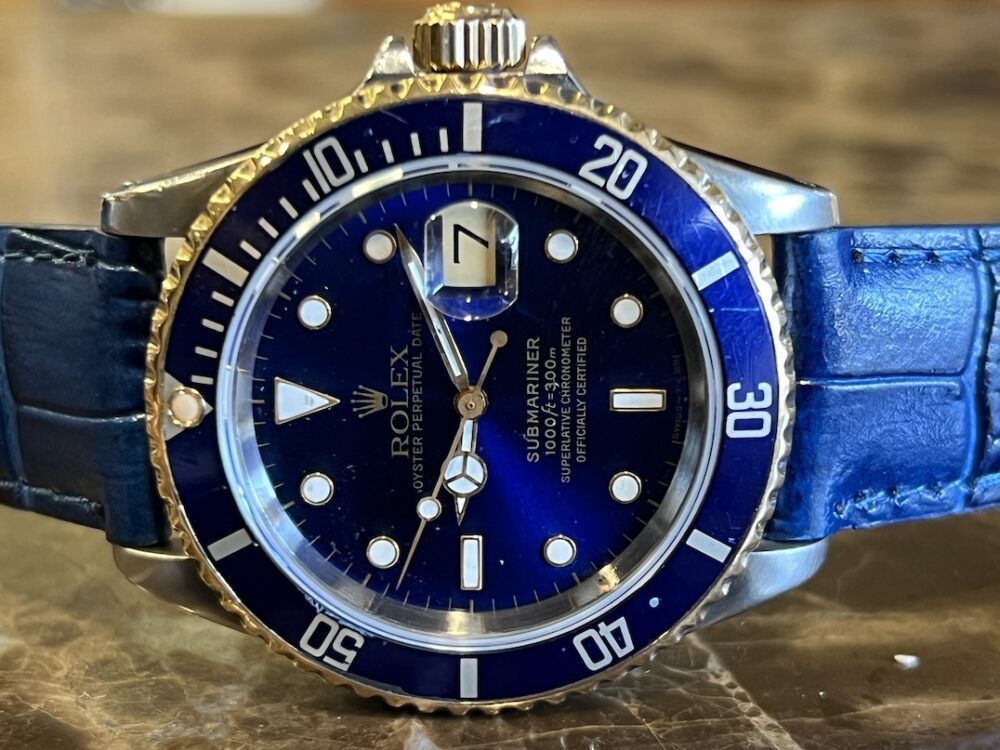 Rolex Submariner 18k Gold / Steel 40mm Automatic with Blue Dial Blue Bezel 16613 Well Worn Blusey