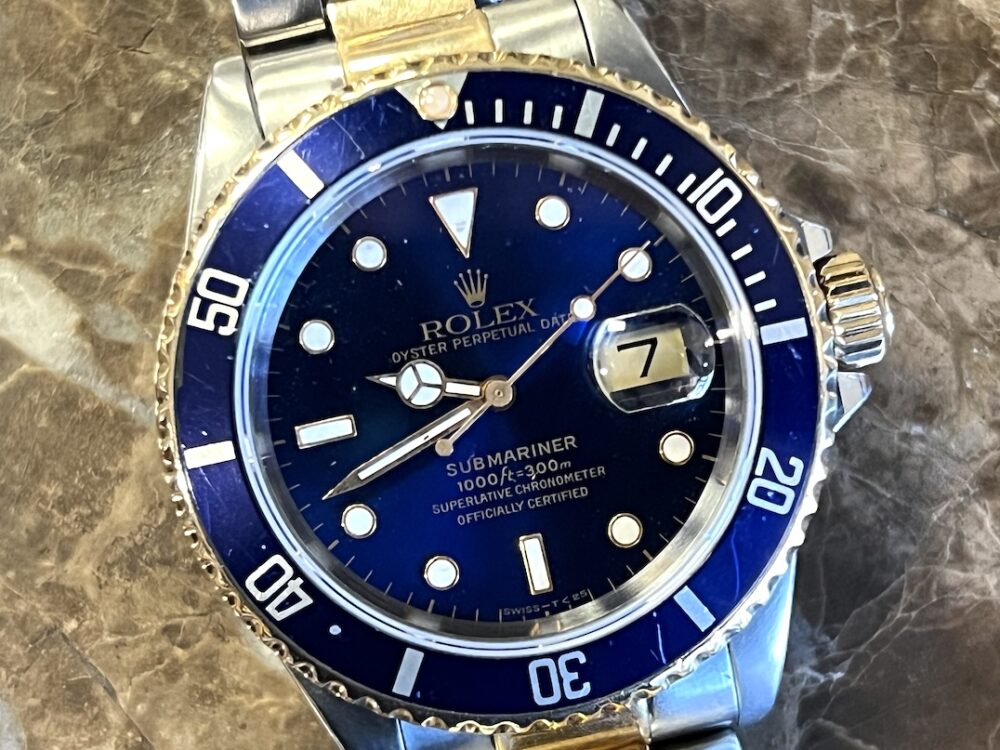 Rolex Submariner 18k Gold / Steel 40mm Automatic with Blue Dial Blue Bezel 16613 Well Worn Blusey