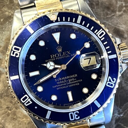 Rolex Submariner 18k Gold / Steel 40mm Automatic with Blue Dial Blue Bezel 16613 Well Worn Blusey