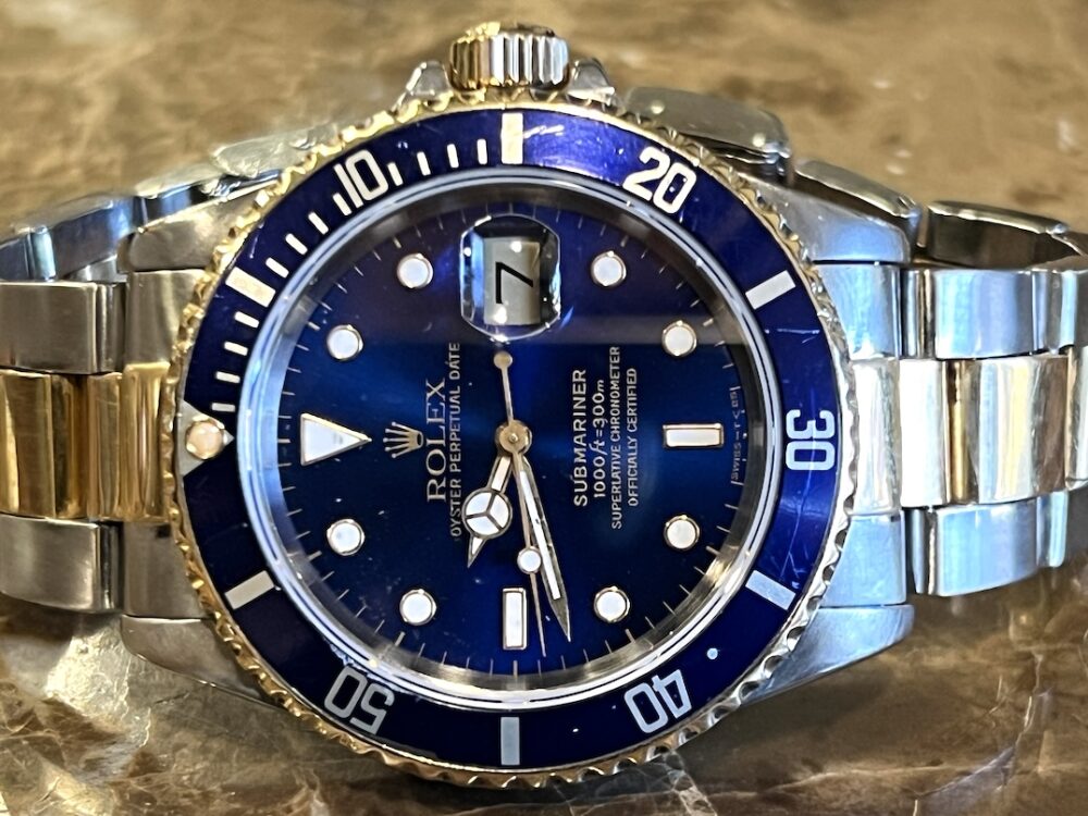 Rolex Submariner 18k Gold / Steel 40mm Automatic with Blue Dial Blue Bezel 16613 Well Worn Blusey