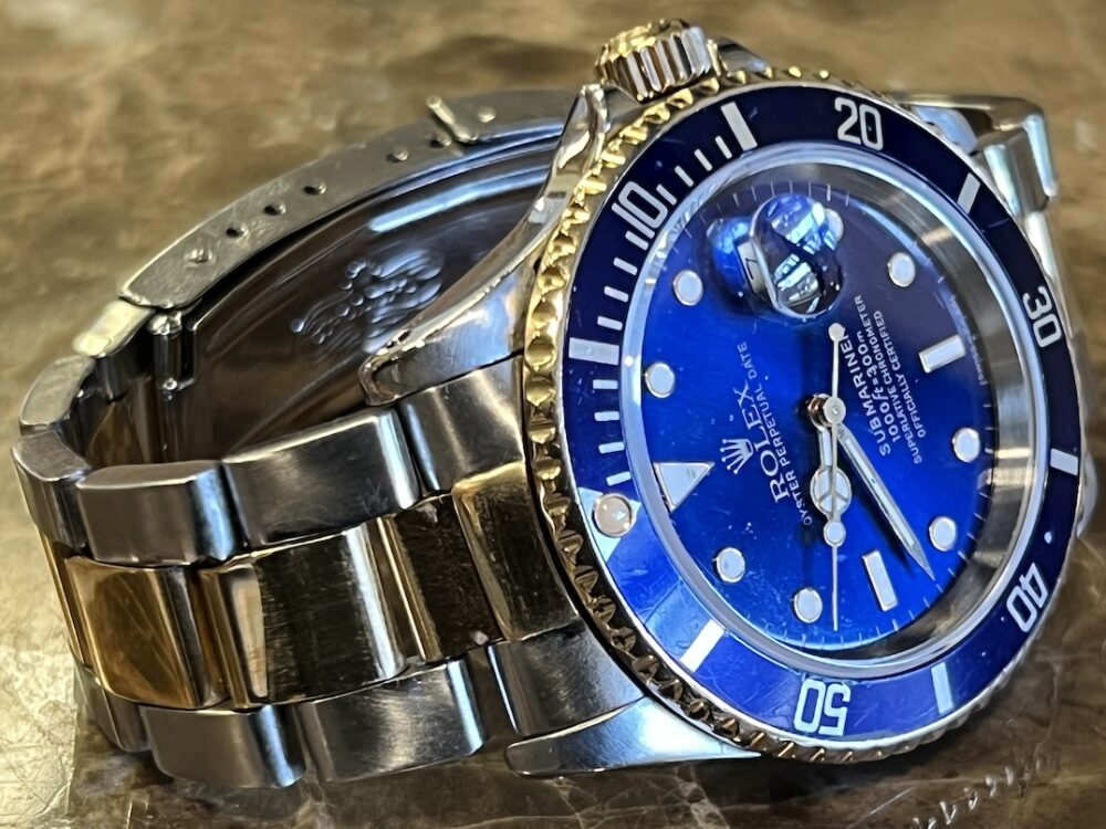 Rolex Submariner 18k Gold / Steel 40mm Automatic with Blue Dial Blue Bezel 16613 Well Worn Blusey