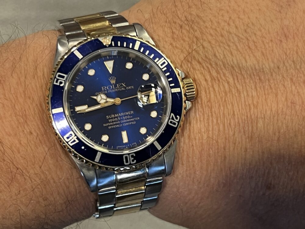 Rolex Submariner 18k Gold / Steel 40mm Automatic with Blue Dial Blue Bezel 16613 Well Worn Blusey