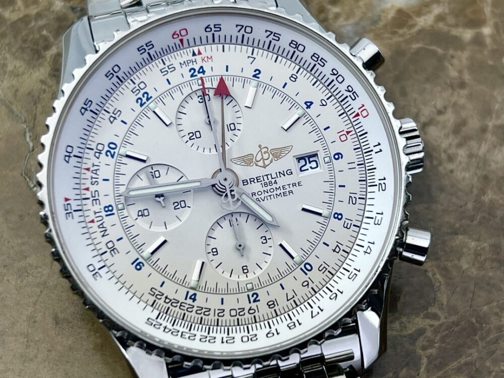 Breitling Navitimer World 46mm Automatic GMT Chronograph Silver Dial model A24322 with Box and COSC Paper