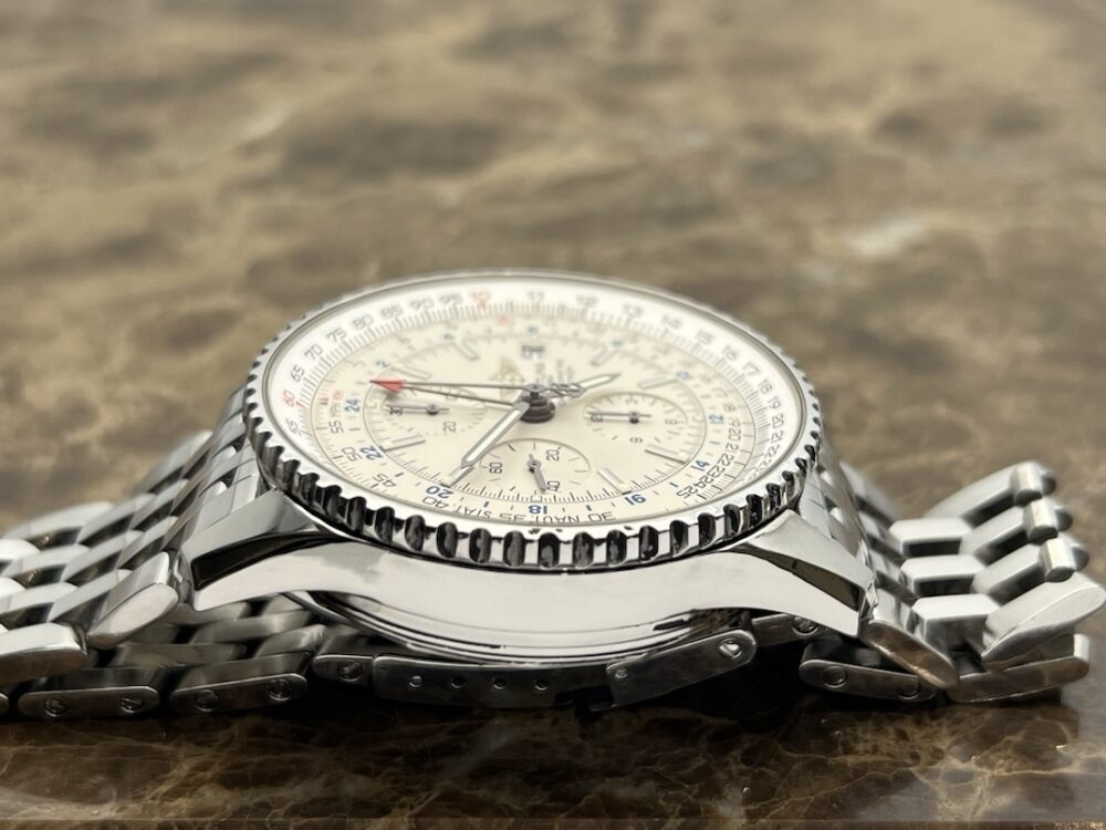 Breitling Navitimer World 46mm Automatic GMT Chronograph Silver Dial model A24322 with Box and COSC Paper