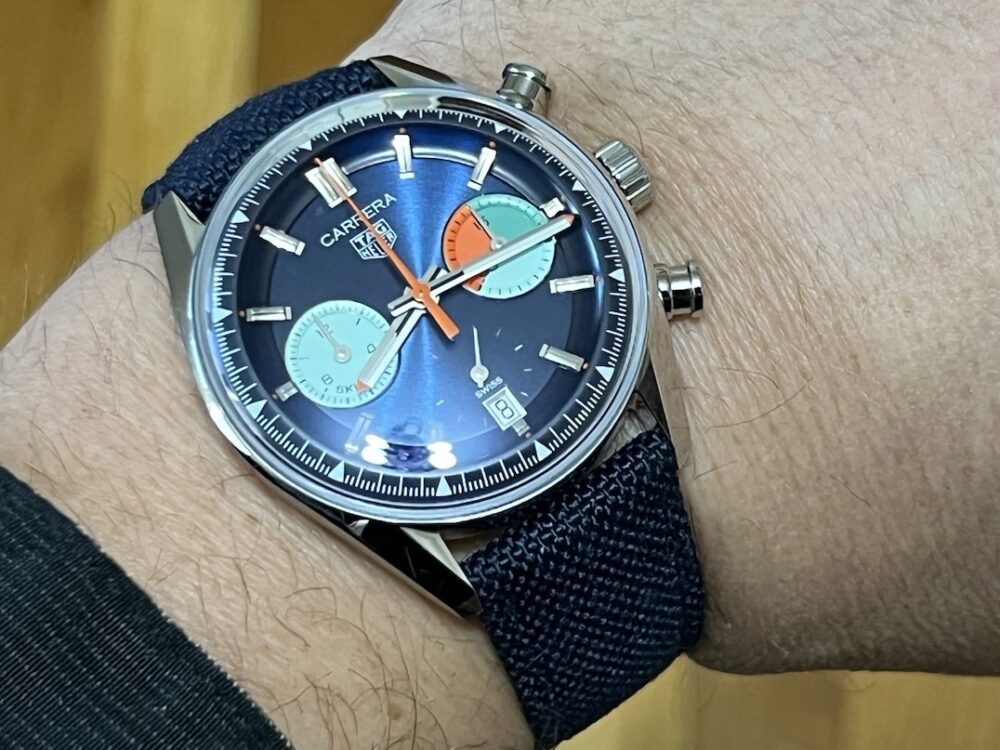 TAG Heuer CARRERA Chronograph Skipper 39mm Automatic Blue / Orange Steel Blue Fabric Strap CBS2213.FN6002 Box Booklets