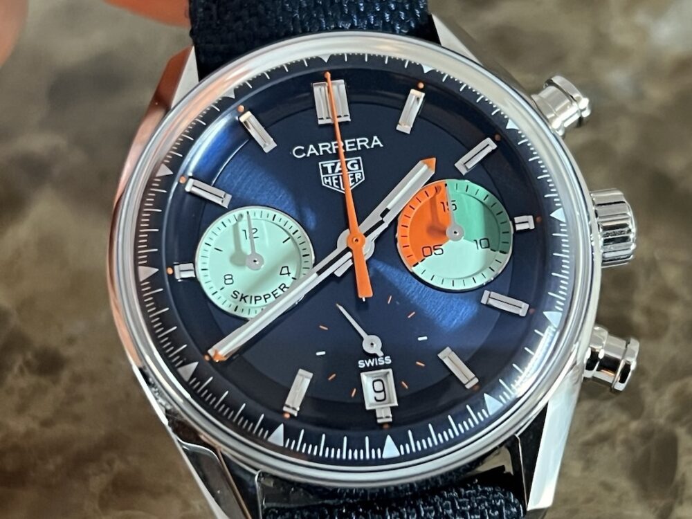 TAG Heuer CARRERA Chronograph Skipper 39mm Automatic Blue / Orange Steel Blue Fabric Strap CBS2213.FN6002 Box Booklets