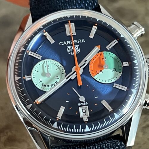 TAG Heuer CARRERA Chronograph Skipper 39mm Automatic Blue / Orange Steel Blue Fabric Strap CBS2213.FN6002 Box Booklets