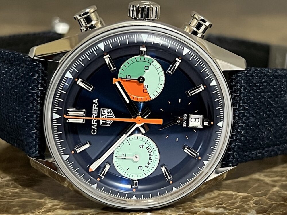 TAG Heuer CARRERA Chronograph Skipper 39mm Automatic Blue / Orange Steel Blue Fabric Strap CBS2213.FN6002 Box Booklets