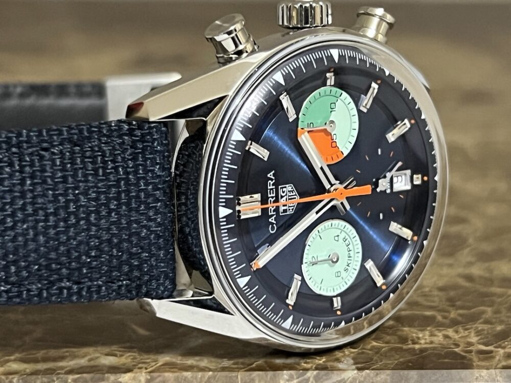 TAG Heuer CARRERA Chronograph Skipper 39mm Automatic Blue / Orange Steel Blue Fabric Strap CBS2213.FN6002 Box Booklets