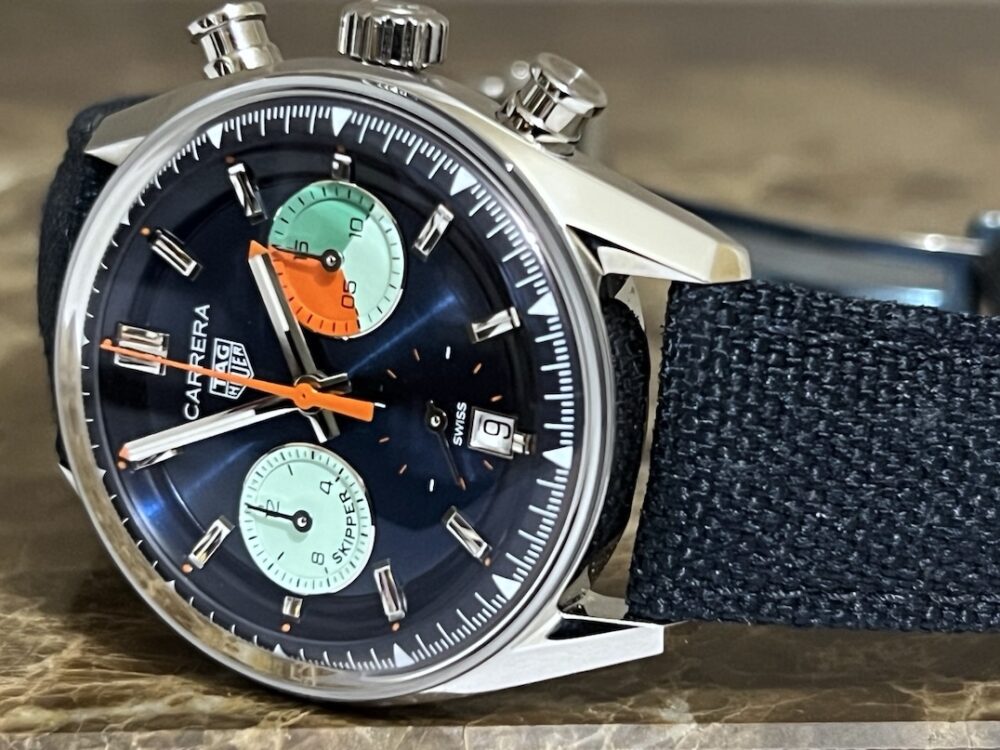 TAG Heuer CARRERA Chronograph Skipper 39mm Automatic Blue / Orange Steel Blue Fabric Strap CBS2213.FN6002 Box Booklets