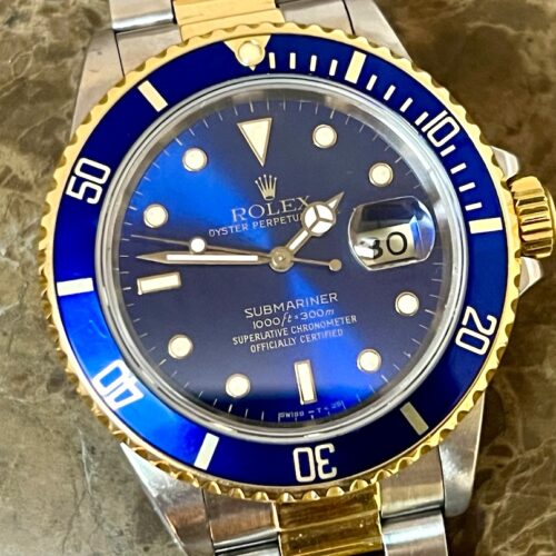 Rolex Submariner 18k Gold / Steel 40mm Automatic with Blue Dial Blue Bezel 16613 Just Serviced