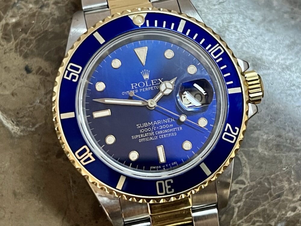 Rolex Submariner 18k Gold / Steel 40mm Automatic with Blue Dial Blue Bezel 16613 Just Serviced