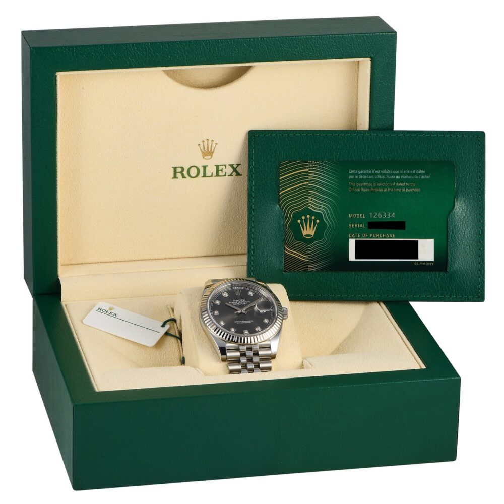 Rolex Datejust 41 Slate Diamond Dial White Gold Fluted Bezel Jubilee Bracelet with Box Papers 126334 Never Worn