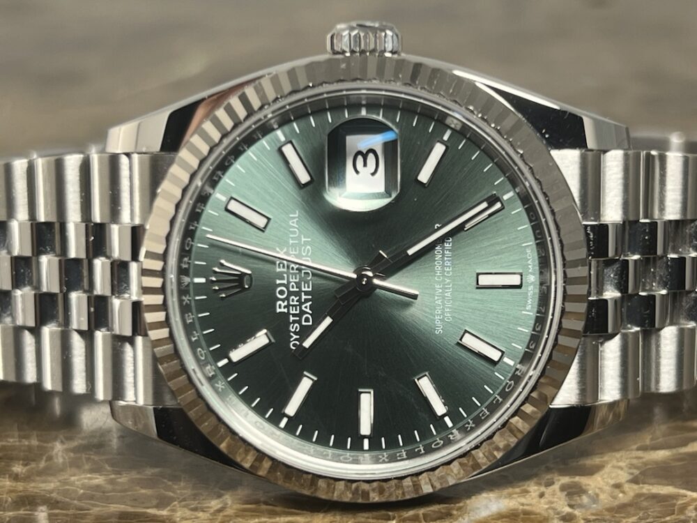 Rolex Datejust 36 Green Dial 18k White Gold Fluted Bezel Jubilee Bracelet with Box Papers 126234 MINT