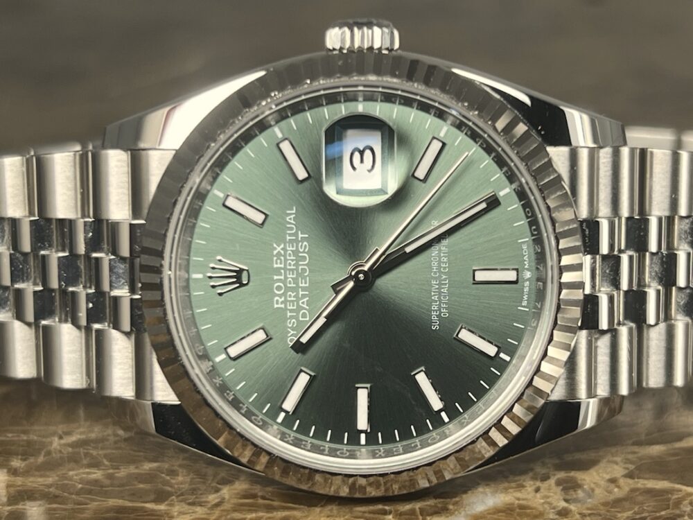 Rolex Datejust 36 Green Dial 18k White Gold Fluted Bezel Jubilee Bracelet with Box Papers 126234 MINT