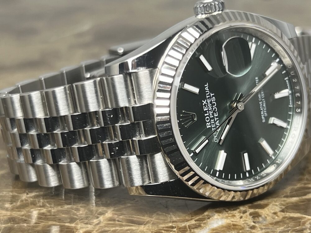 Rolex Datejust 36 Green Dial 18k White Gold Fluted Bezel Jubilee Bracelet with Box Papers 126234 MINT