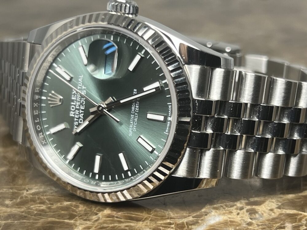 Rolex Datejust 36 Green Dial 18k White Gold Fluted Bezel Jubilee Bracelet with Box Papers 126234 MINT
