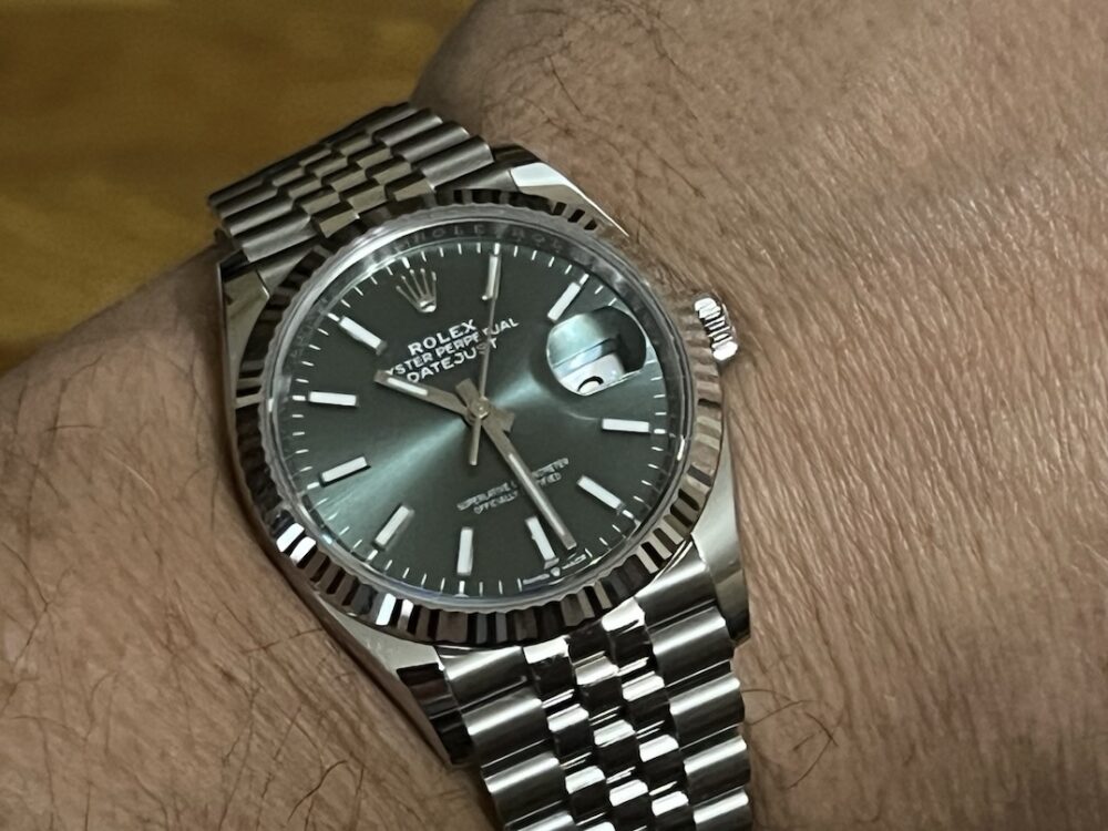 Rolex Datejust 36 Green Dial 18k White Gold Fluted Bezel Jubilee Bracelet with Box Papers 126234 MINT