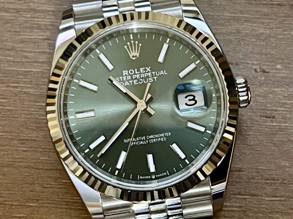 Rolex Datejust 36 Green Dial 18k White Gold Fluted Bezel Jubilee Bracelet with Box Papers 126234 MINT