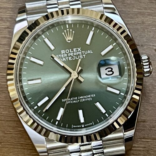 Rolex Datejust 36 Green Dial 18k White Gold Fluted Bezel Jubilee Bracelet with Box Papers 126234 MINT