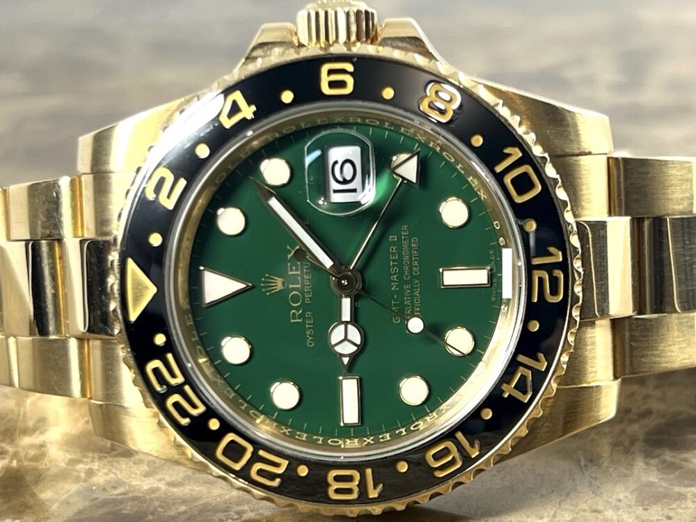 Rolex GMT Master II 18k Yellow Gold 116718 Green Dial Black Ceramic Box Papers 50th Anniversary D Serial YEAR 2005 Box Papers
