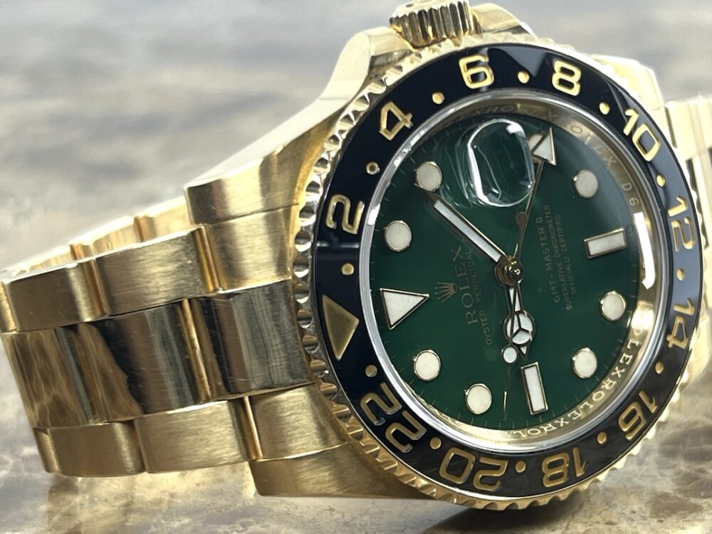 Rolex GMT Master II 18k Yellow Gold 116718 Green Dial Black Ceramic Box Papers 50th Anniversary D Serial YEAR 2005 Box Papers