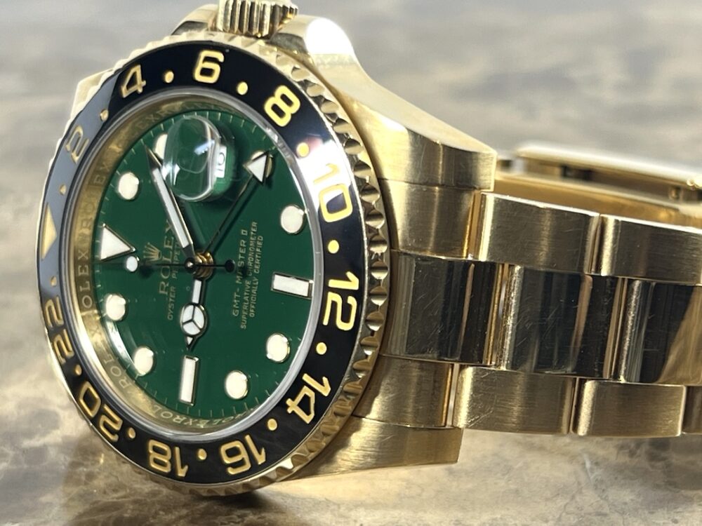 Rolex GMT Master II 18k Yellow Gold 116718 Green Dial Black Ceramic Box Papers 50th Anniversary D Serial YEAR 2005 Box Papers