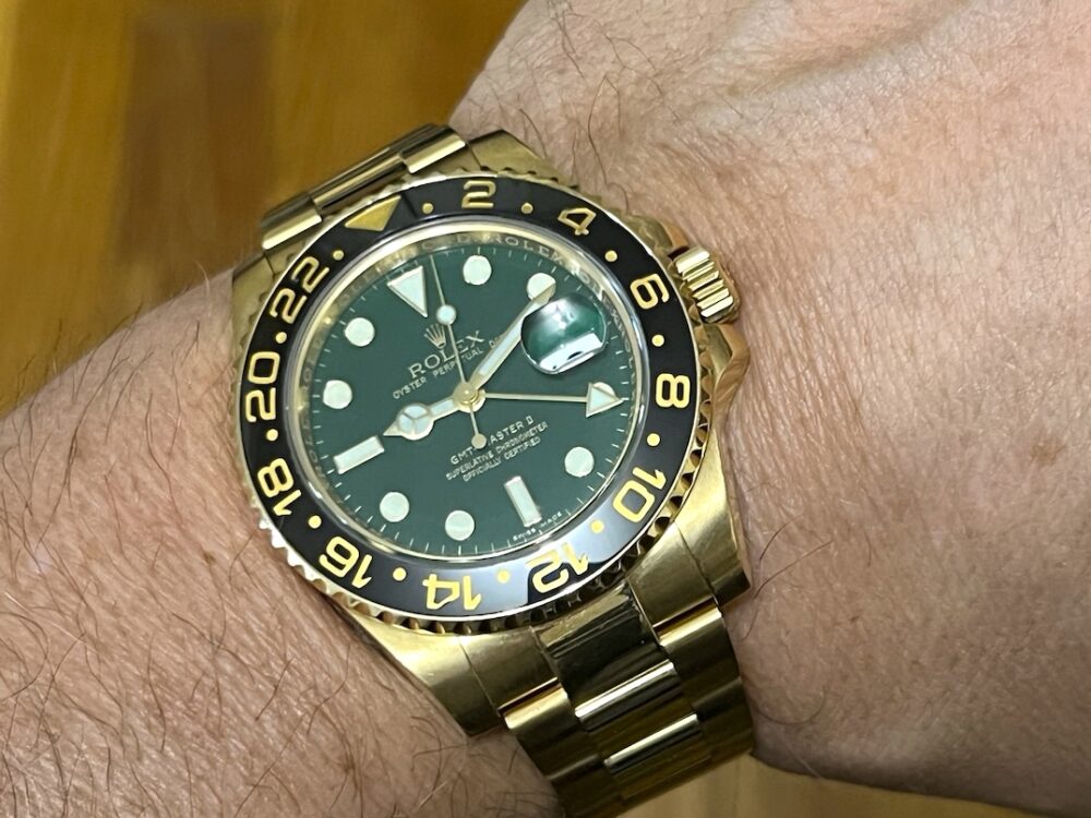 Rolex GMT Master II 18k Yellow Gold 116718 Green Dial Black Ceramic Box Papers 50th Anniversary D Serial YEAR 2005 Box Papers