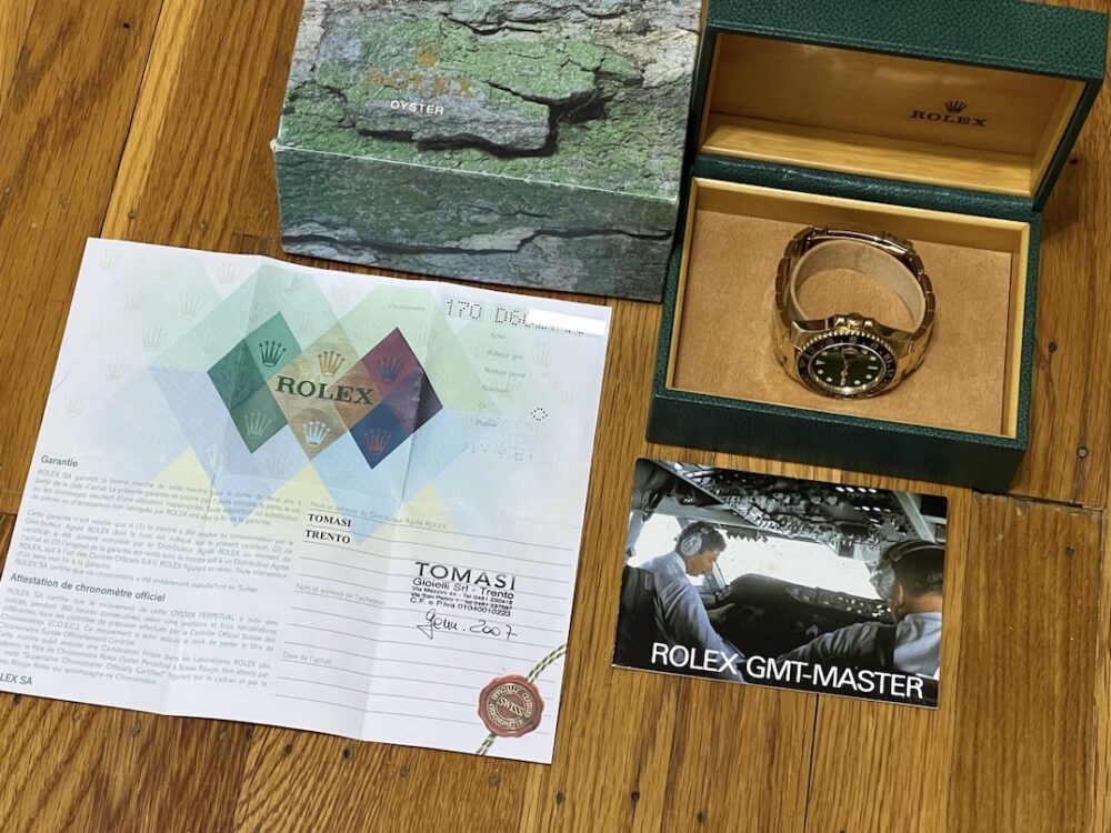 Rolex GMT Master II 18k Yellow Gold 116718 Green Dial Black Ceramic Box Papers 50th Anniversary D Serial YEAR 2005 Box Papers