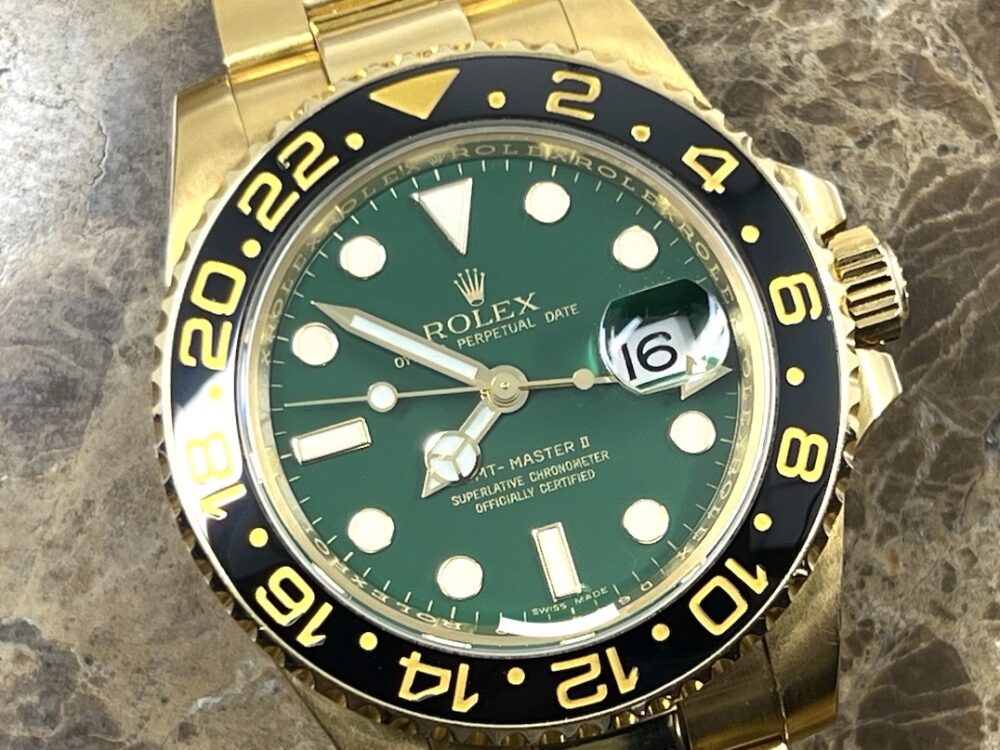 Rolex GMT Master II 18k Yellow Gold 116718 Green Dial Black Ceramic Box Papers 50th Anniversary D Serial YEAR 2005 Box Papers