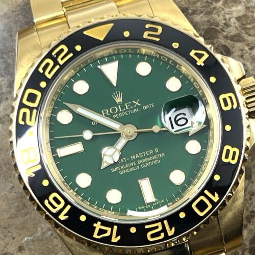 Rolex GMT Master II 18k Yellow Gold 116718 Green Dial Black Ceramic Box Papers 50th Anniversary D Serial YEAR 2005 Box Papers