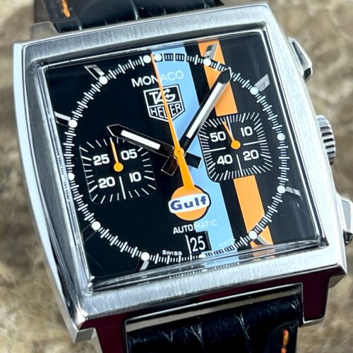 TAG Heuer Monaco Gulf Special Edition 38mm Automatic Black with Orange and Blue Stripes Box Papers CW211A