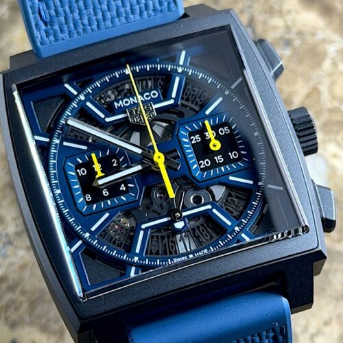 TAG Heuer Monaco Titanium Black DLC 39mm Automatic Blue with Yellow Accents Box Papers Warranty Card CBL2188.FT6261