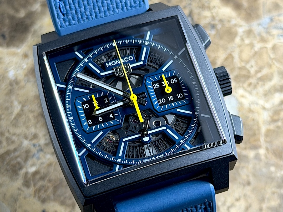 TAG Heuer Monaco Titanium Black DLC 39mm Automatic Blue with Yellow Accents Box Papers Warranty Card CBL2188.FT6261