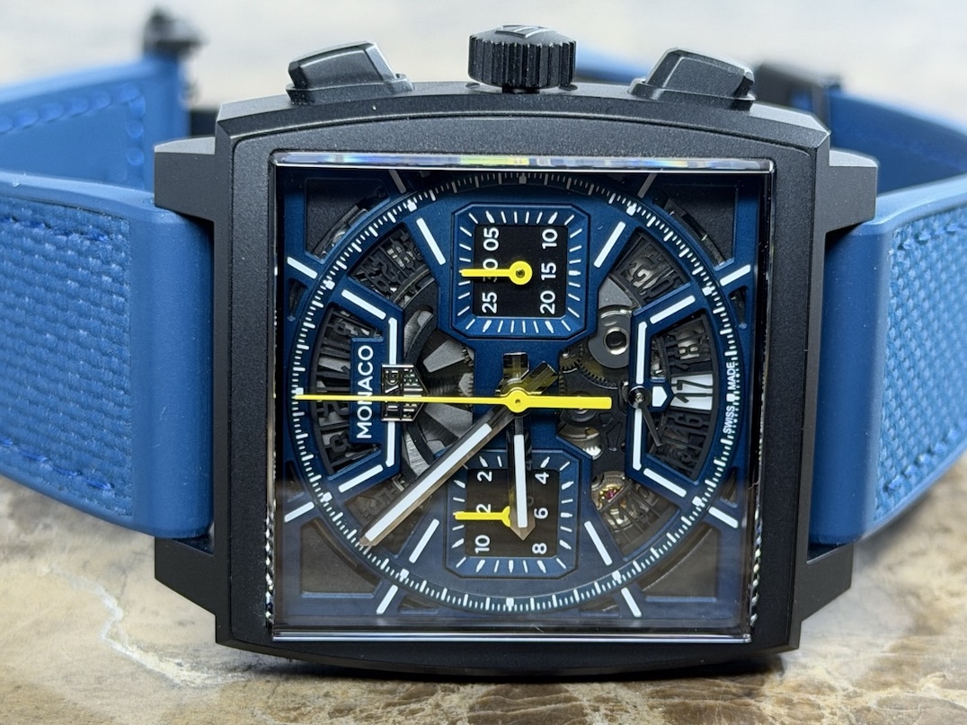 TAG Heuer Monaco Titanium Black DLC 39mm Automatic Blue with Yellow Accents Box Papers Warranty Card CBL2188.FT6261