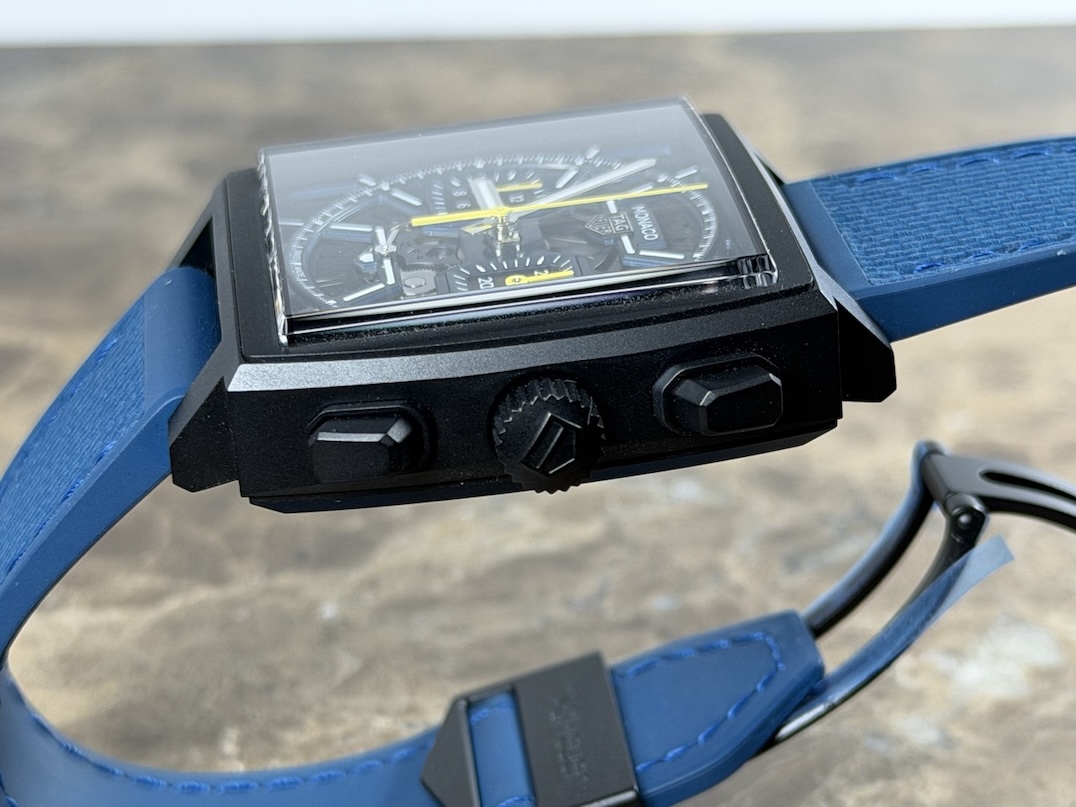 TAG Heuer Monaco Titanium Black DLC 39mm Automatic Blue with Yellow Accents Box Papers Warranty Card CBL2188.FT6261