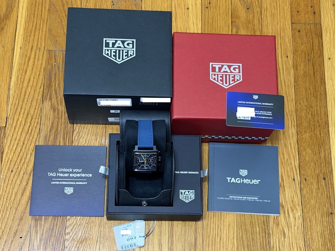 TAG Heuer Monaco Titanium Black DLC 39mm Automatic Blue with Yellow Accents Box Papers Warranty Card CBL2188.FT6261