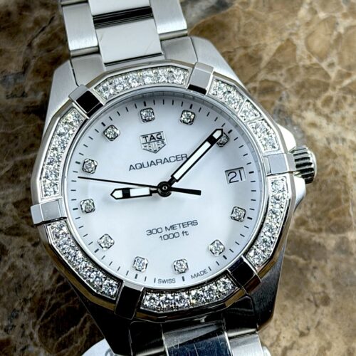 TAG Heuer Aquaracer Quartz 32mm Steel with Diamond Bezel and Mother of Pearl Diamond Dial Box Papers Cards WBD1315.BA0740
