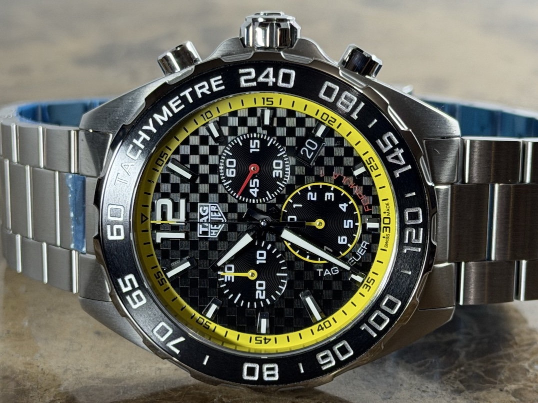 TAG Heuer Formula 1 Chronograph Black Dial Yellow Accents 43mm Quartz Box Papers model CAZ101AC.BA0842