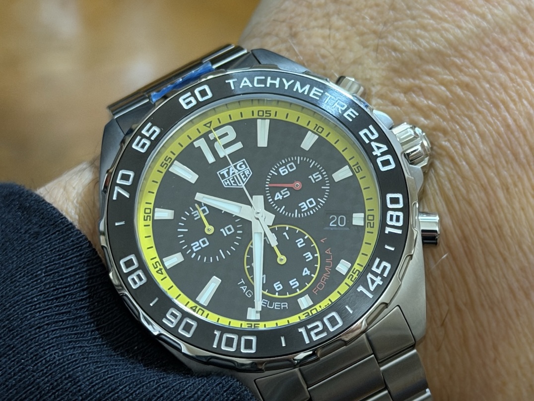 TAG Heuer Formula 1 Chronograph Black Dial Yellow Accents 43mm Quartz Box Papers model CAZ101AC.BA0842