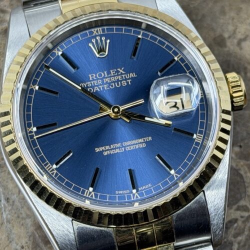 Rolex Datejust 18k Yellow Gold / Steel Saphire Quickset Blue Dial 16233 Triple MINT Box Papers