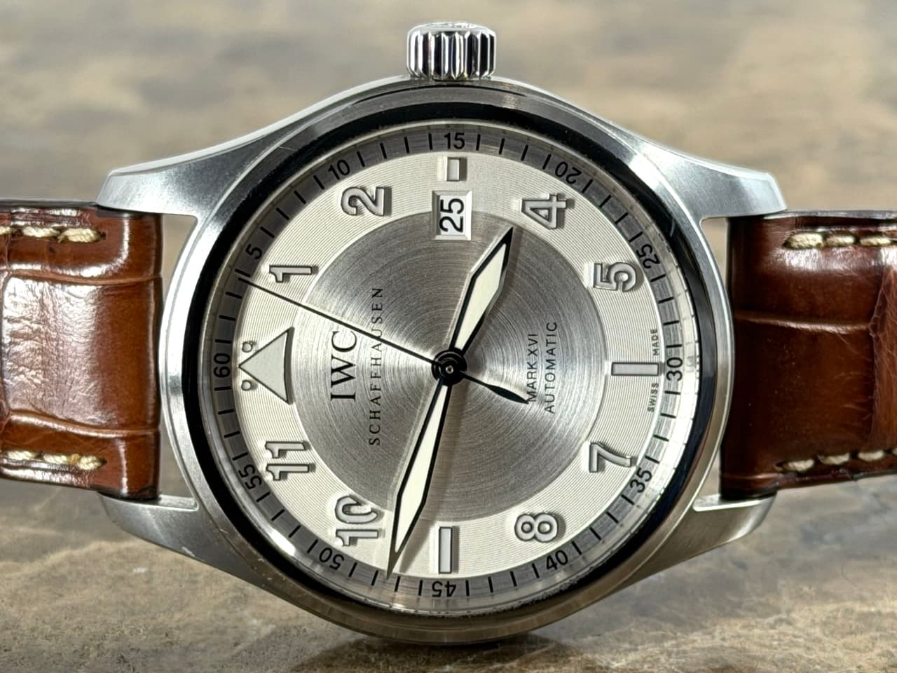 IWC Spitfire Pilot Mark XVI 39mm Automatic Silver Dial with Brown Strap with Box Papers iw325502