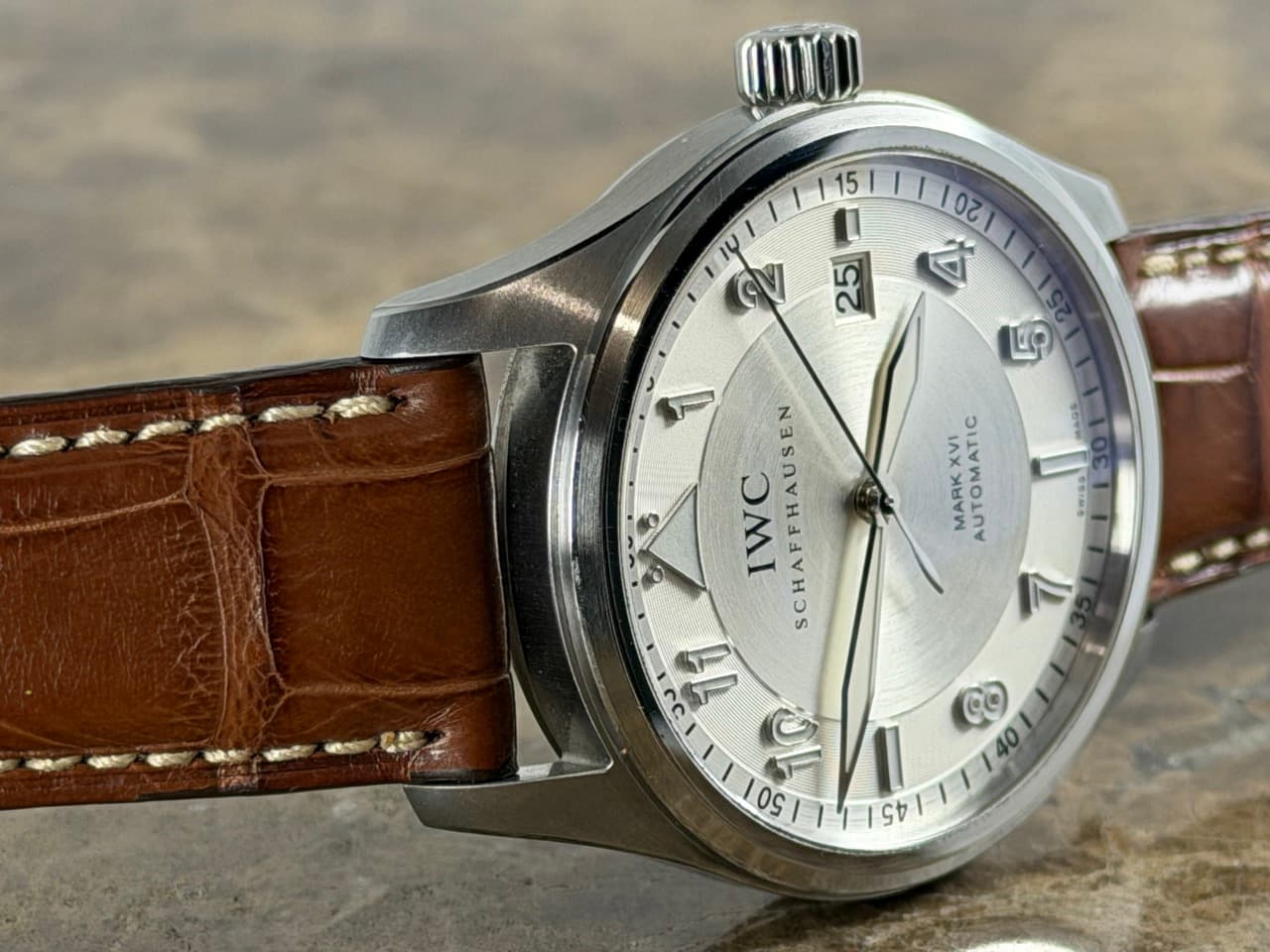 IWC Spitfire Pilot Mark XVI 39mm Automatic Silver Dial with Brown Strap with Box Papers iw325502