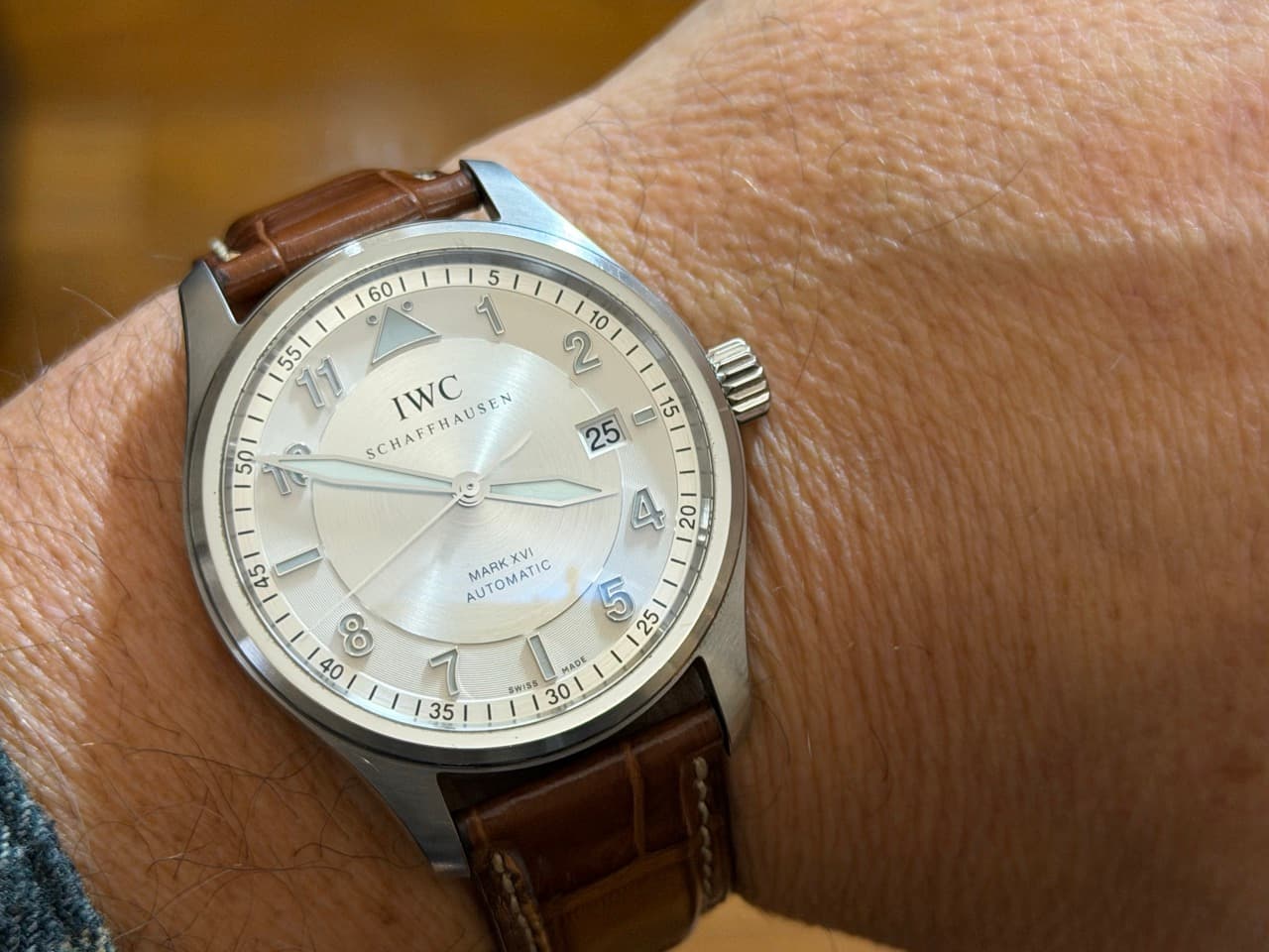 IWC Spitfire Pilot Mark XVI 39mm Automatic Silver Dial with Brown Strap with Box Papers iw325502