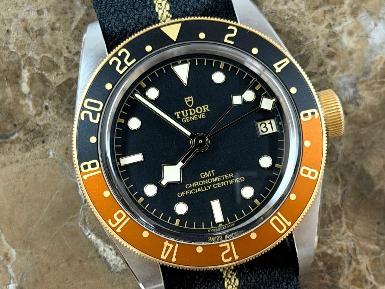 Tudor Black Bay GMT S&G 41mm Automatic Gold / Steel Diver on Fabric Strap Rootbeer 79833MN Box Papers Card 2026