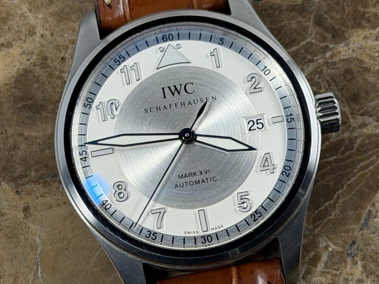 IWC Spitfire Pilot Mark XVI 39mm Automatic Silver Dial with Brown Strap with Box Papers iw325502