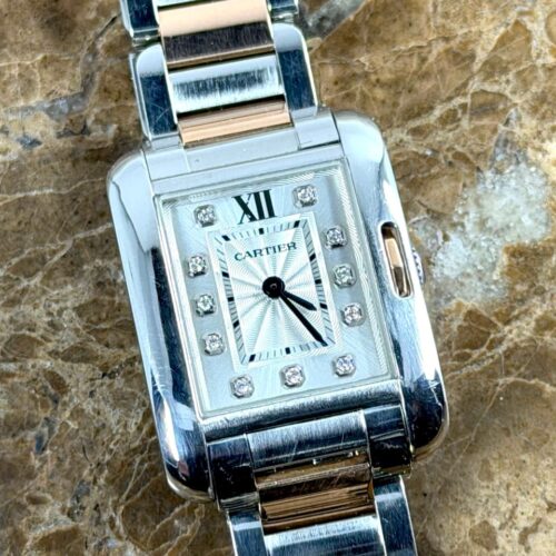 CARTIER Tank Anglaise with Diamond Dial 18k Rose Gold and Steel 3485 with Box Papers and a Cartier Gift