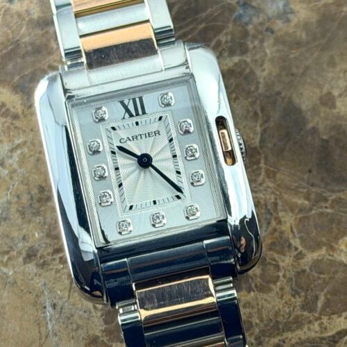 CARTIER Tank Anglaise with Diamond Dial 18k Rose Gold and Steel 3485 with Box Papers and a Cartier Gift